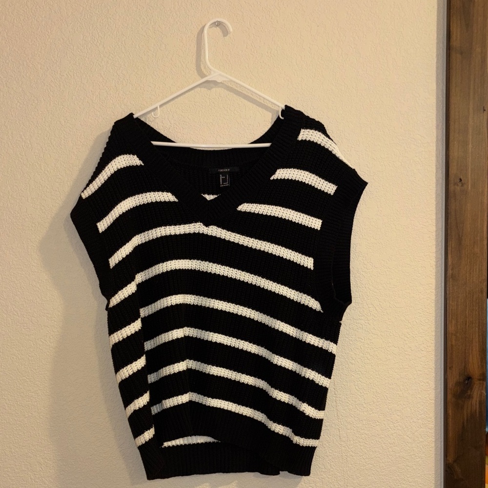 Black and White Striped Knit Sweater Vest